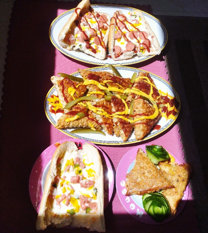 عکس سمبوسه بامغز پنیر پیتزا،ساندویچ ژامبون و پنیر ترد و تنوری