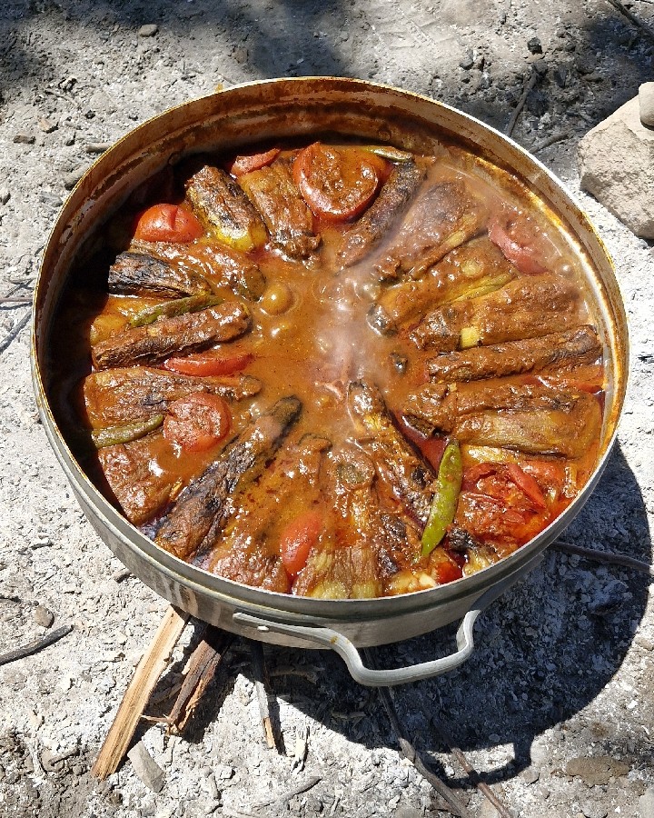 عکس پخت خورشت بادمجان در طبیعت روی آتش 