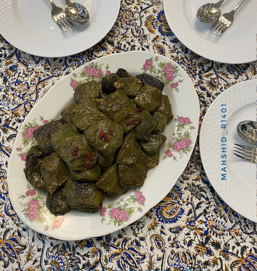 عکس دلمه برگ مو اسفراینی با برگ درختای حیاط