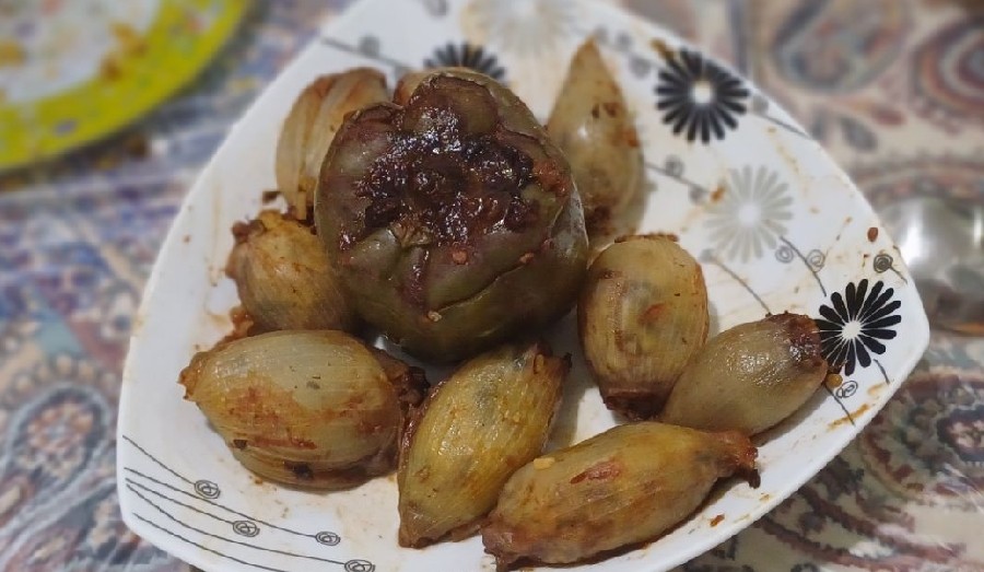 عکس دلمه پیاز وفلفل و سالادوخورش بادمجون
