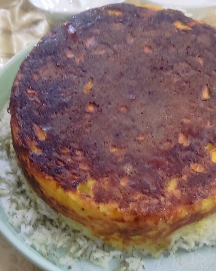 ته چین شوید پلو با مرغ بخار پز