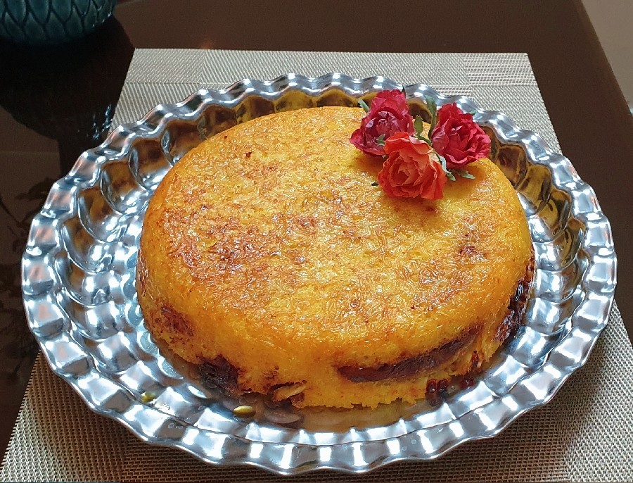 ته چین گوشت و مرغ و بادمجان 