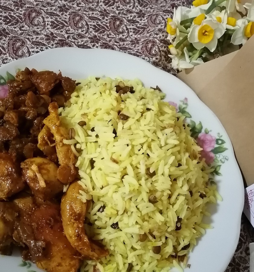 عدس پلو نذری با مرغ وکشمش# 13رجب1404