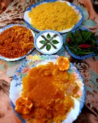 برنج و قیمه با سیب زمینی سرخ شده و ته دیگ طلایی