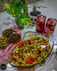 گراتن پاستا با گوشت و قارچ و ادویه کاری