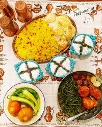 خورشت مرغ و آلو با لوبیا سبز