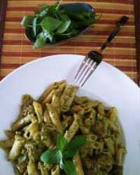 پاستا مرغ و قارچ با سس پستو