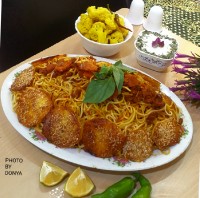 ماکارونی با ته دیگ سیب زمینی کنجدی