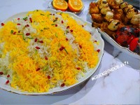 جوجه کباب زعفرونی برنج زعفرونی قارچ کبابی
