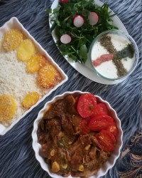 جلو و خورشت بوقلمون با بادمجان