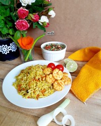 پلو میگو با هویج و لوبیا چشم بلبلی