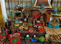 چیدمان یلدایی کیک، ژله، میوه خشک،، باقالی،، لبو داغ