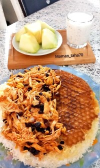 کشمش پلو با مرغ ریش شده